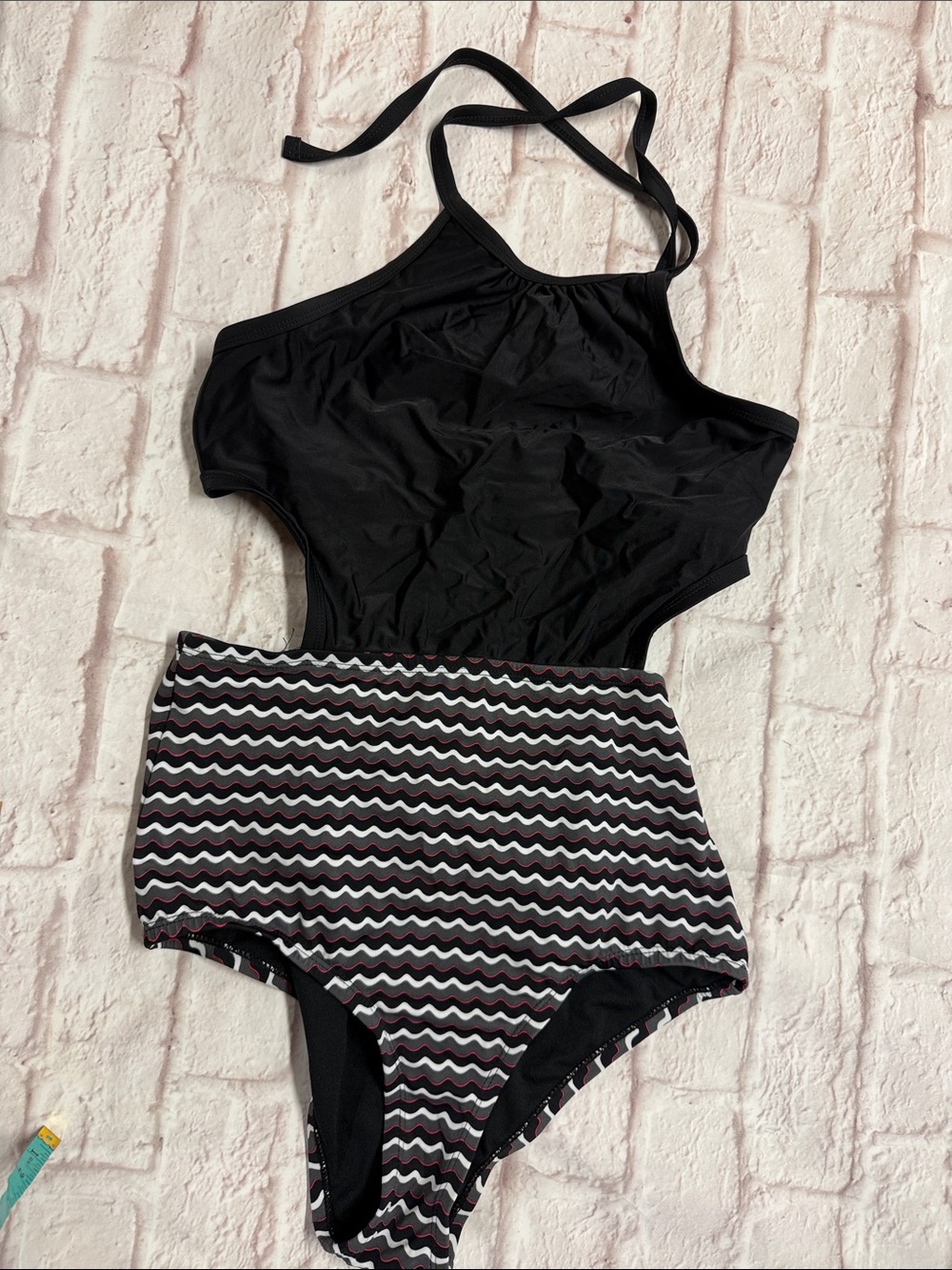 MARINA WEST Black Halter One-Piece Swimsuit with Wave Print